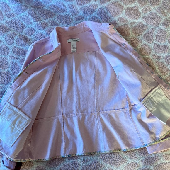 Liz Claiborne pink  Denim Jacket  floral trim Women's Large Ex. Cond - Picture 4 of 14